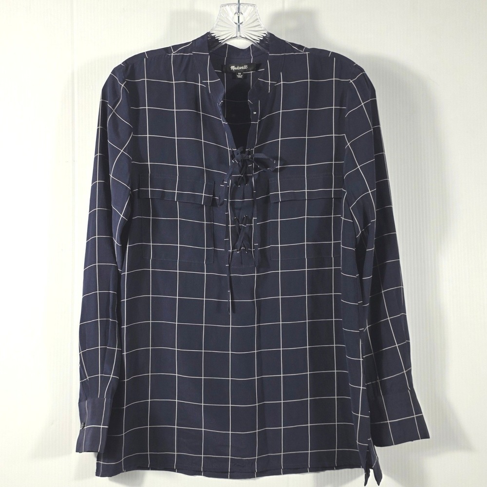 Madewell Navy Silk Windowpane Lace Up Blouse F5658 Womens XS Grid Long Sleeve - Picture 2 of 8